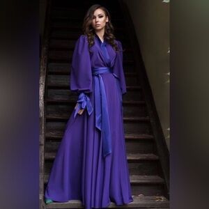Elegant Purple Wrap Robe Dress with Sash and Statement Sleeves
